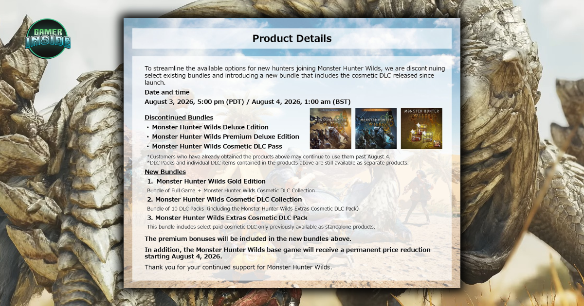 ข่าวดีนักล่า! Capcom ประกาศลดราคา Monster Hunter Wilds ถาวร พร้อมโละจัดชุดแพ็กเกจ DLC ใหม่